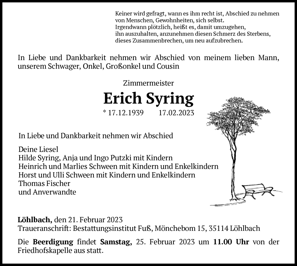  Traueranzeige für Erich Syring vom 21.02.2023 aus HNA