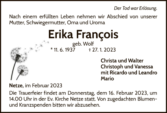 Traueranzeige von Erika Francois von WLZ