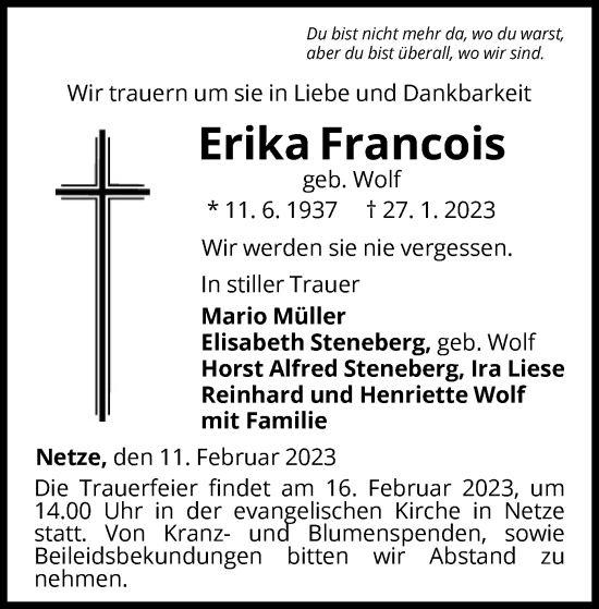 Traueranzeige von Erika Francois von WLZ