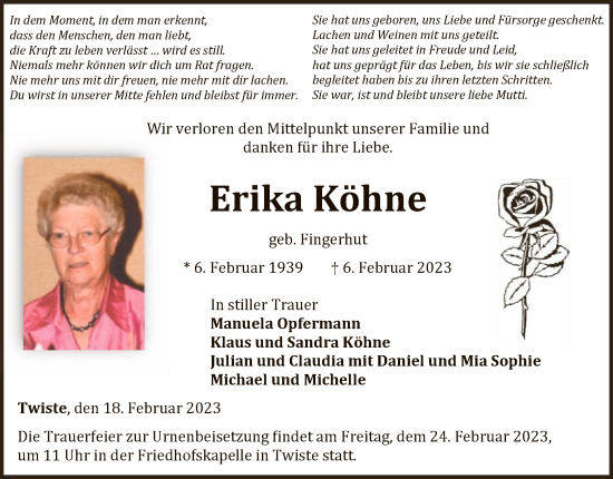 Traueranzeige von Erika Köhne von WLZ