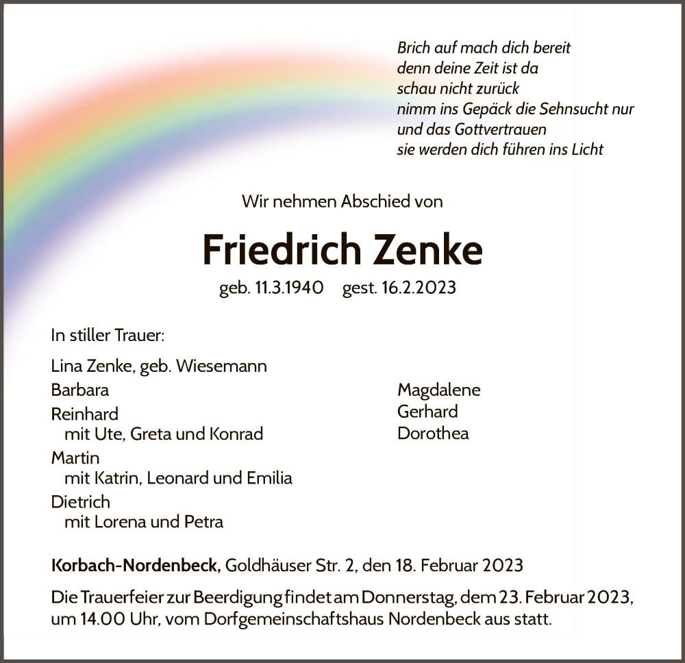  Traueranzeige für Friedrich Zenke vom 18.02.2023 aus WLZ