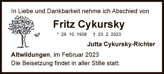 Traueranzeige von Fritz Cykursky von WLZ