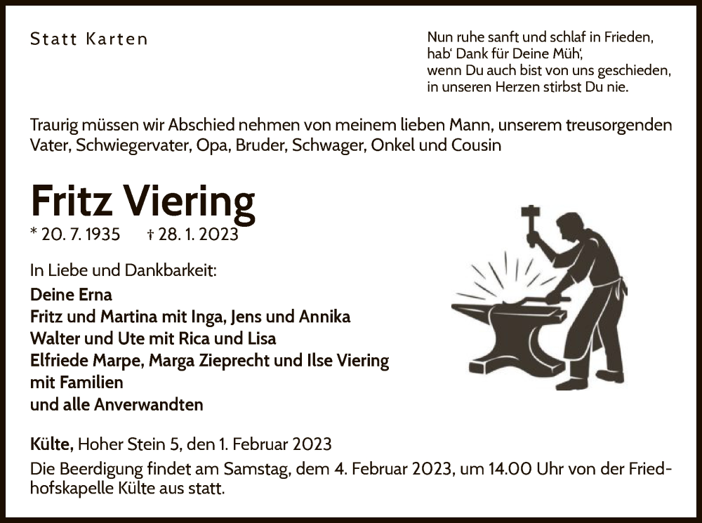  Traueranzeige für Fritz Viering vom 01.02.2023 aus WLZ