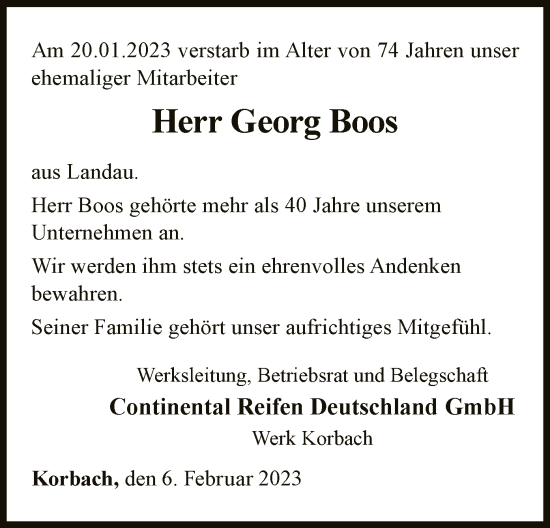 Traueranzeige von Georg Boos von WLZ