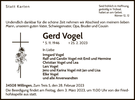 Traueranzeige von Gerd Vogel von WLZ