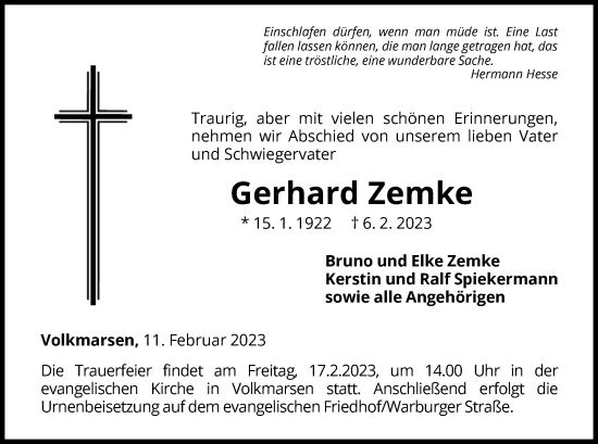 Traueranzeige von Gerhard Zemke von WLZ