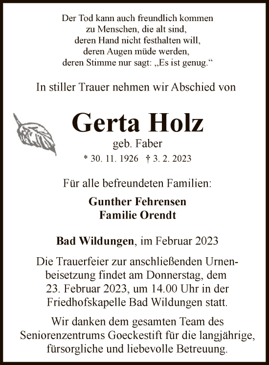 Traueranzeige von Gerta Holz von WLZ