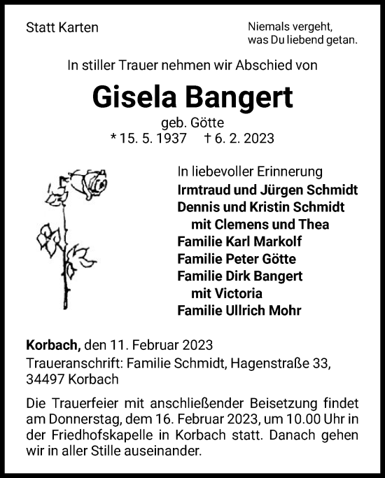 Traueranzeige von Gisela Bangert von WLZ