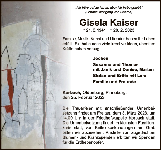 Traueranzeige von Gisela Kaiser von WLZ