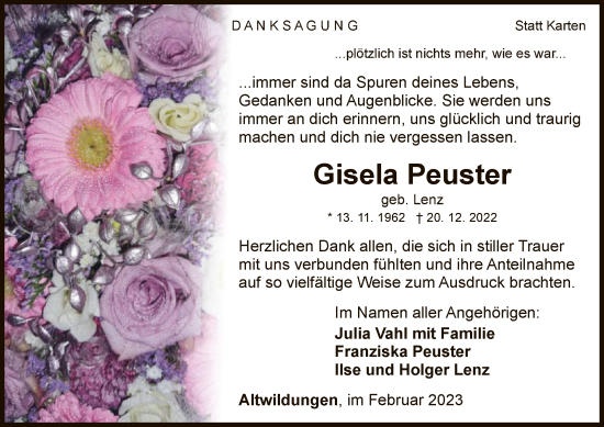 Traueranzeige von Gisela Peuster von WLZ