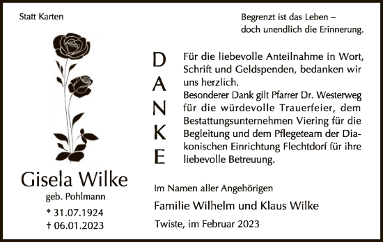 Traueranzeige von Gisela Wilke von WLZ