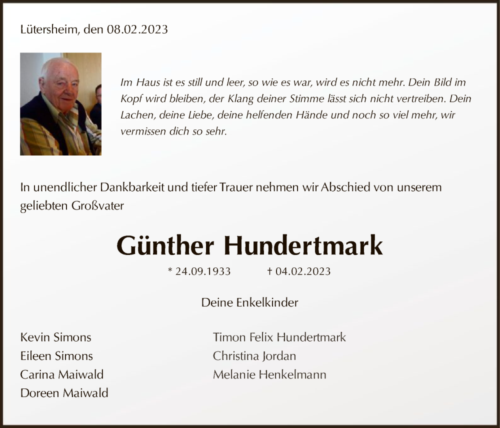  Traueranzeige für Günther Hundertmark vom 08.02.2023 aus WLZ