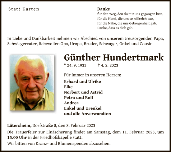 Traueranzeige von Günther Hundertmark von WLZ