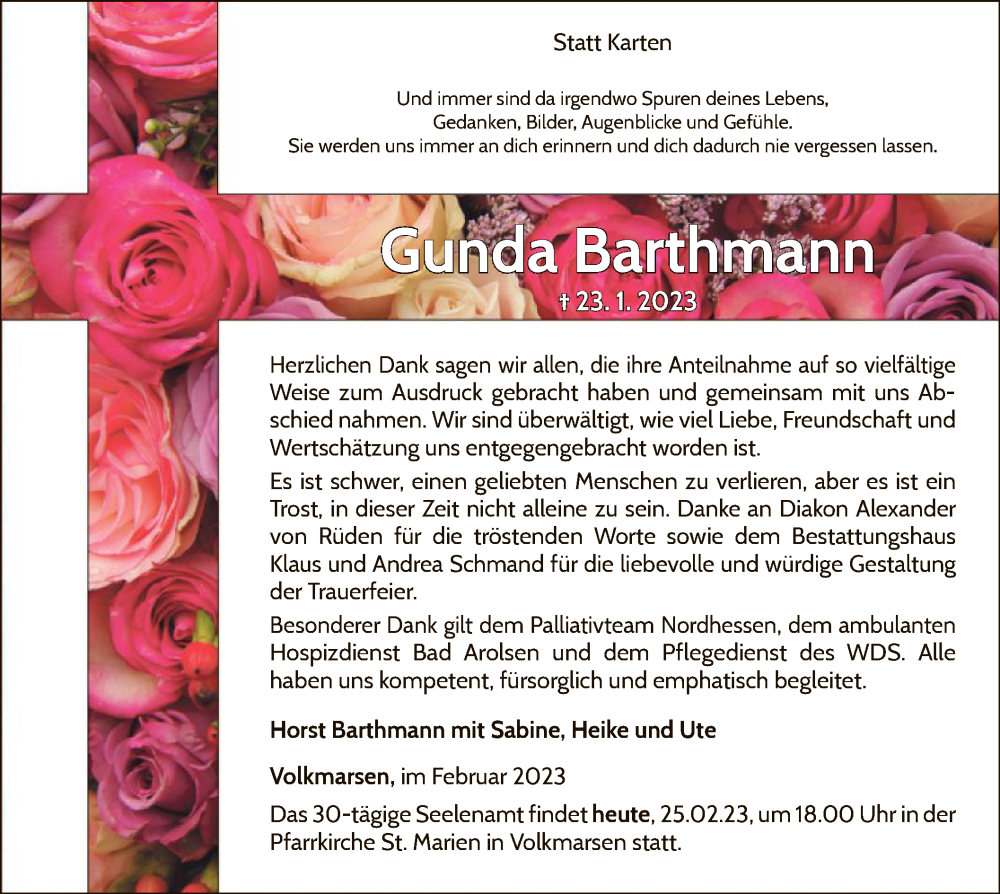  Traueranzeige für Gunda Barthmann vom 25.02.2023 aus WLZ