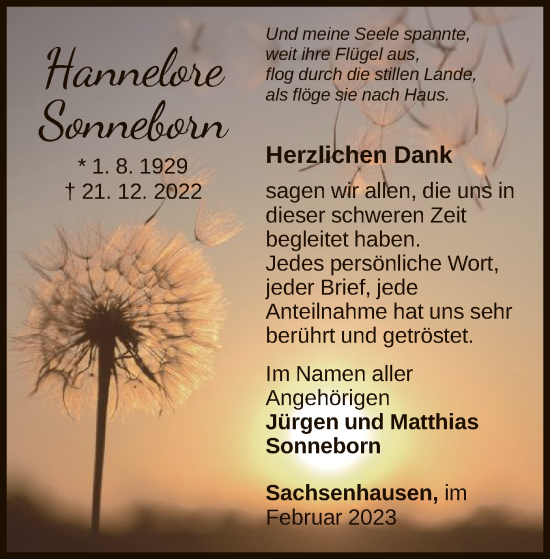 Traueranzeige von Hannelore Sonneborn von WLZ