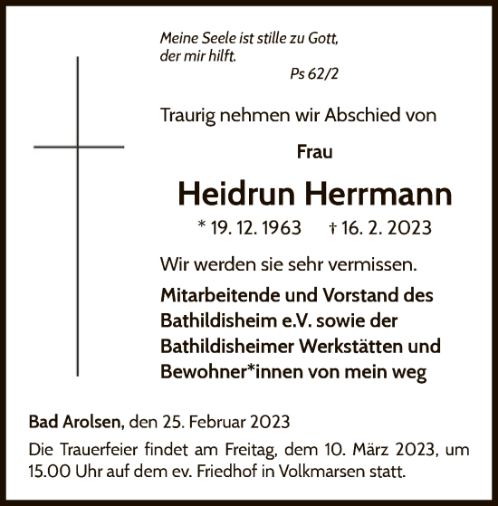 Traueranzeige von Heidrun Herrmann von WLZ