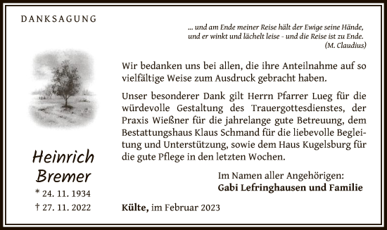 Traueranzeige von Heinrich Bremer von WLZ
