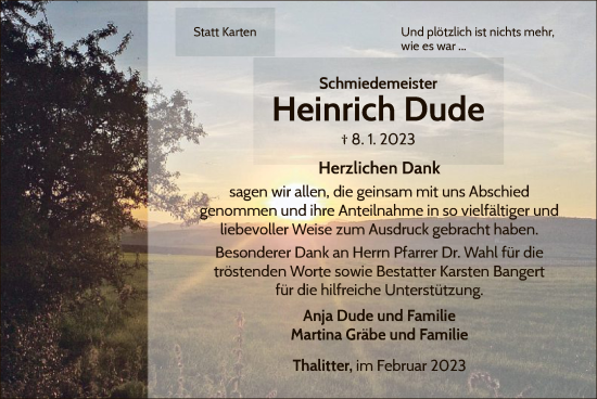 Traueranzeige von Heinrich Dude von WLZ