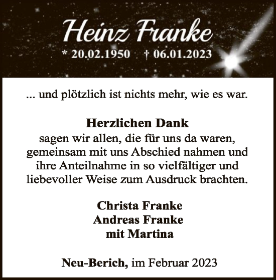 Traueranzeige von Heinz Franke von WLZ