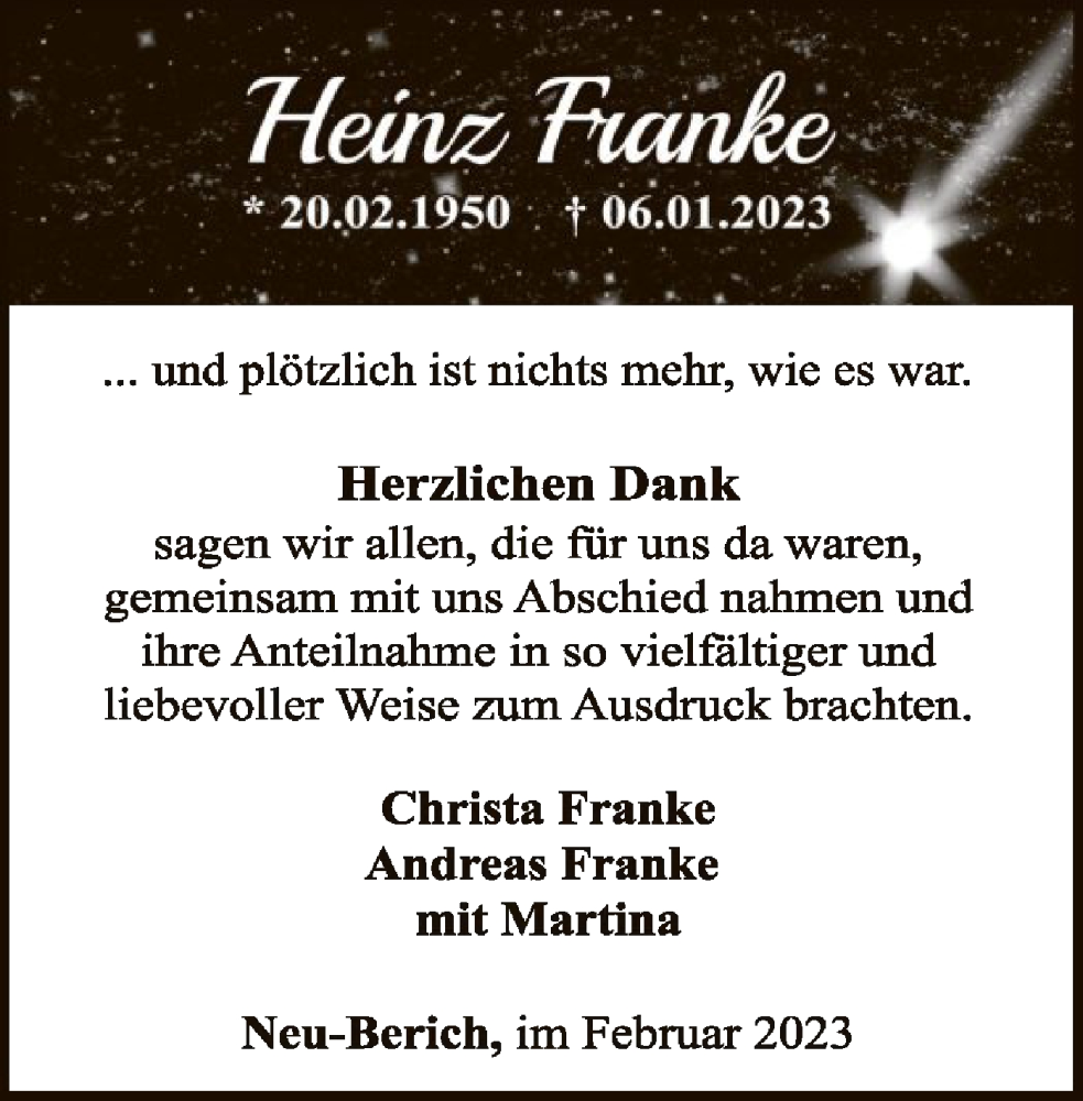  Traueranzeige für Heinz Franke vom 25.02.2023 aus WLZ