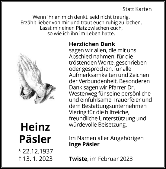 Traueranzeige von Heinz Päsler von WLZ