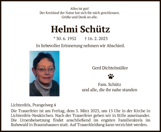 Traueranzeige von Helmi Schütz von HNA