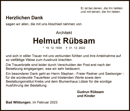 Traueranzeige von Helmut Rübsam von WLZ