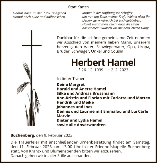 Traueranzeige von Herbert Hamel von WLZ