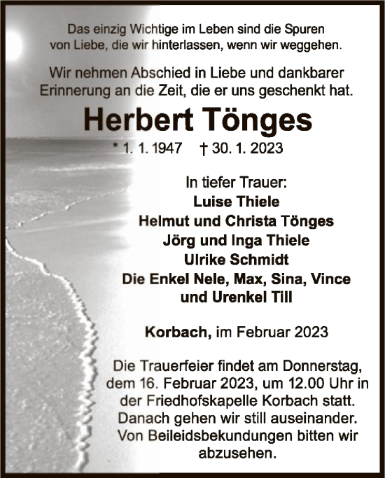 Traueranzeige von Herbert Tönges von WLZ