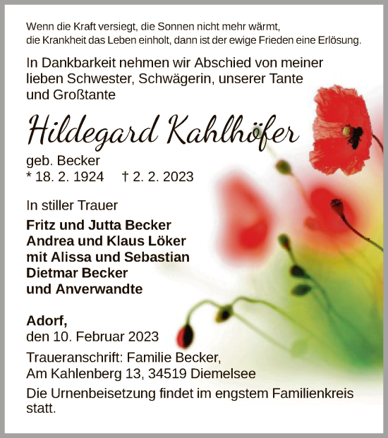 Traueranzeige von Hildegard Kahlhöfer von WLZ