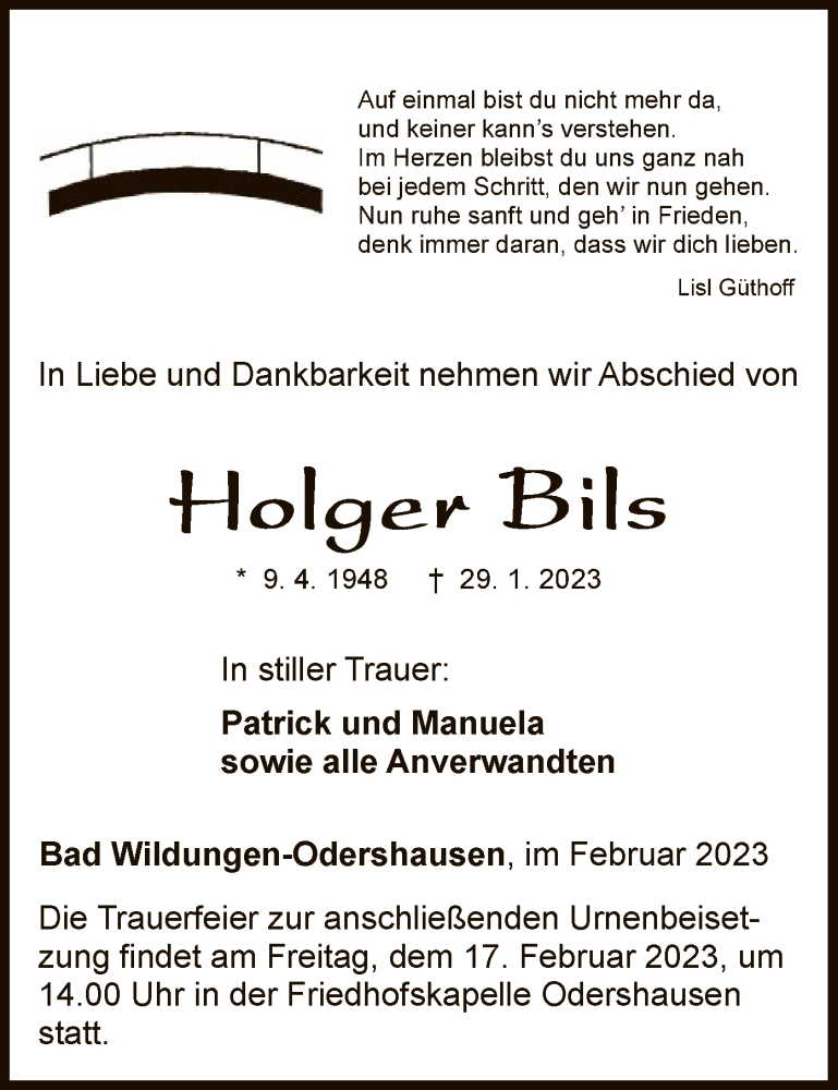  Traueranzeige für Holger Bils vom 11.02.2023 aus WLZ