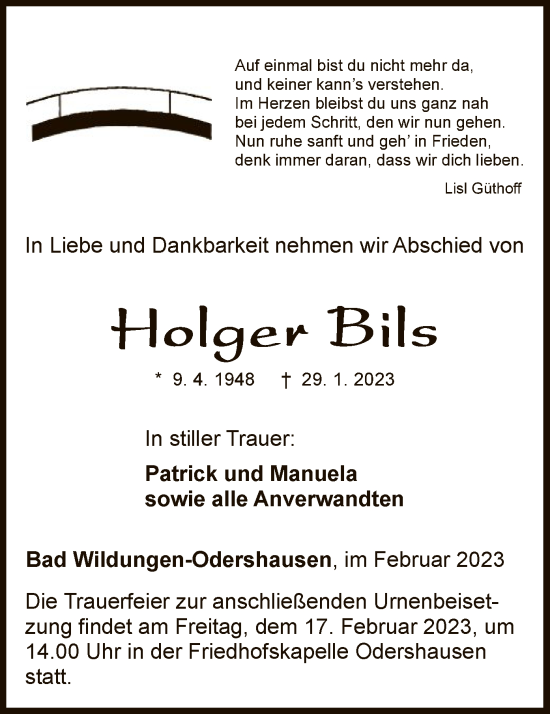 Traueranzeige von Holger Bils von WLZ