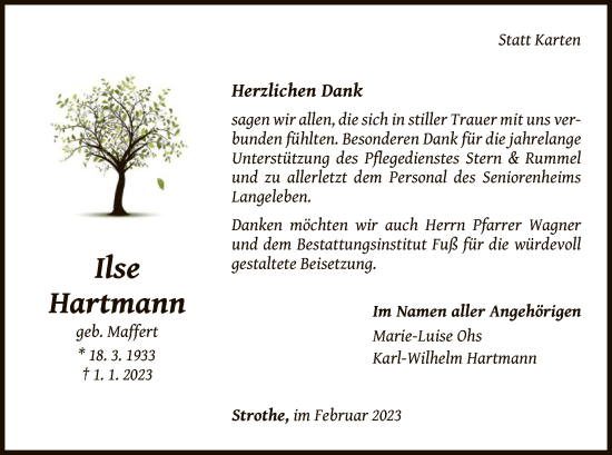 Traueranzeige von Ilse Hartmann von WLZ