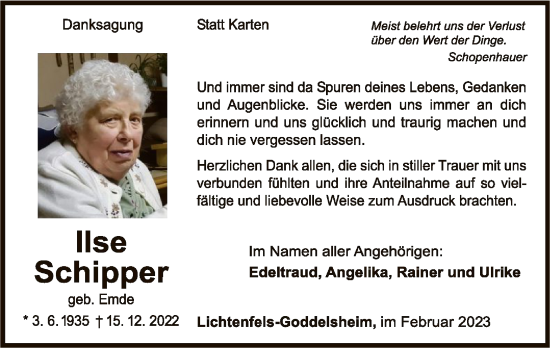 Traueranzeige von Ilse Schipper von WLZ