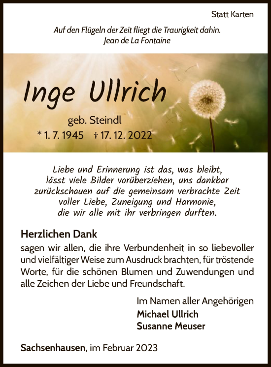 Traueranzeige von Inge Ullrich von WLZ