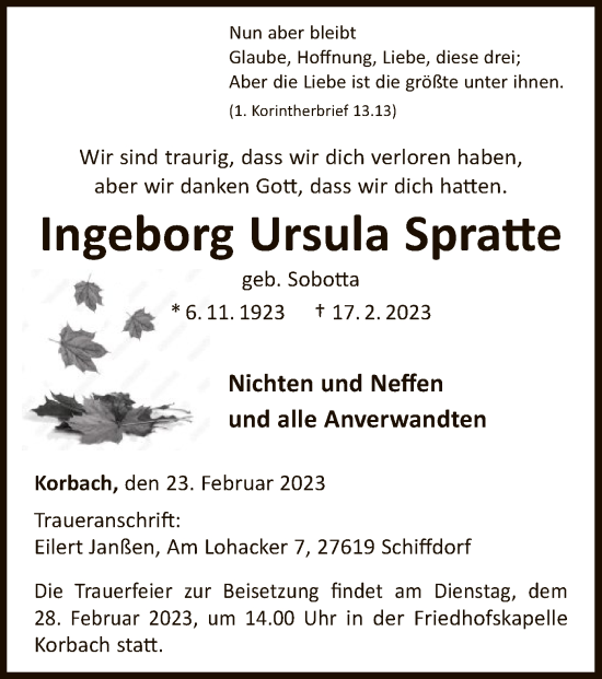 Traueranzeige von Ingeborg Ursula Spratte von WLZ