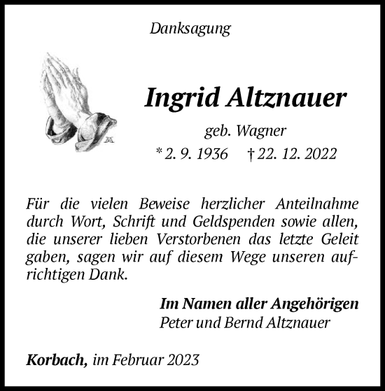 Traueranzeige von Ingrid Altznauer von WLZ