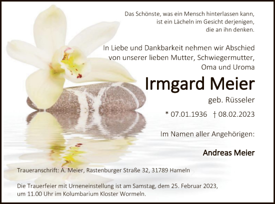 Traueranzeige von Irmgard Meier von WLZ