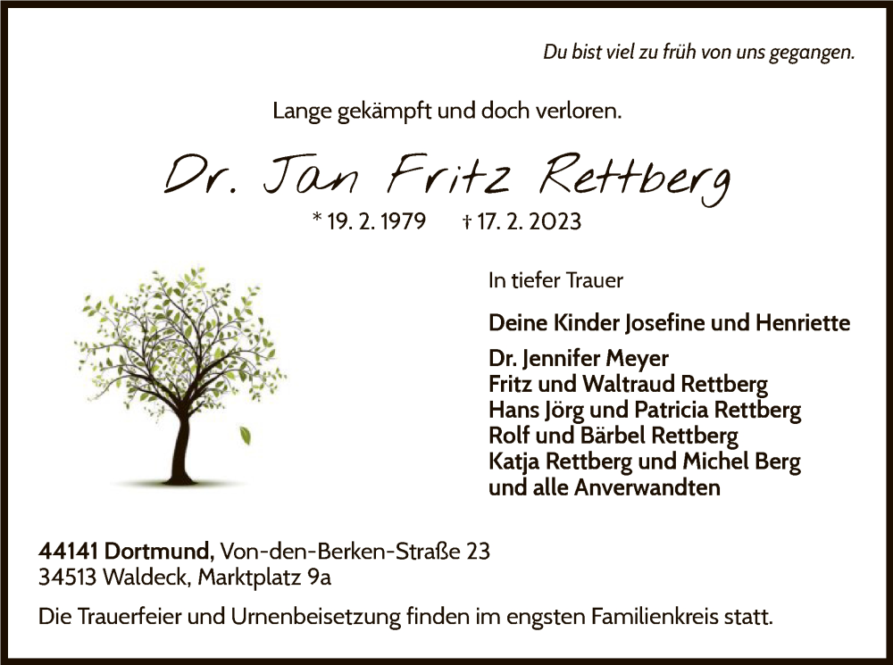  Traueranzeige für Jan Fritz Rettberg vom 25.02.2023 aus WLZ