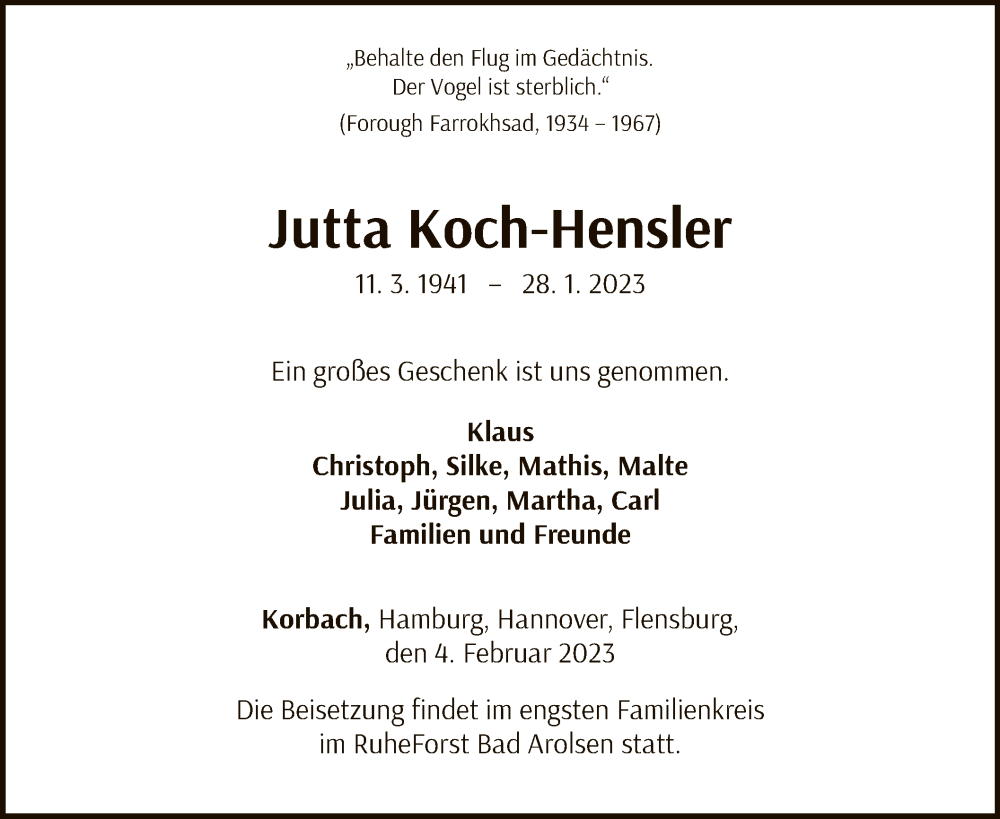  Traueranzeige für Jutta Koch-Hensler vom 04.02.2023 aus WLZ