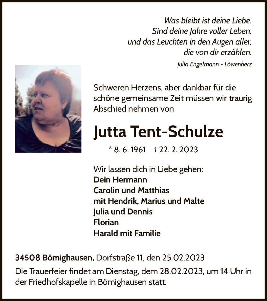  Traueranzeige für Jutta Tent-Schulze vom 25.02.2023 aus WLZ