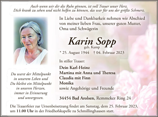 Traueranzeige von Karin Sopp von WLZ