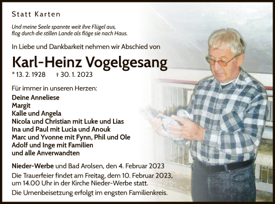 Traueranzeige von Karl-Heinz Vogelgesang von WLZ