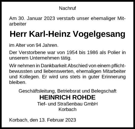 Traueranzeige von Karl-Heinz Vogelsang von WLZ