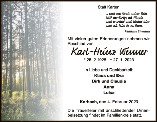 Traueranzeige von Karl-Heinz Wenner von WLZ
