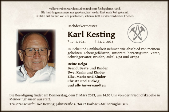 Traueranzeige von Karl Kesting von WLZ