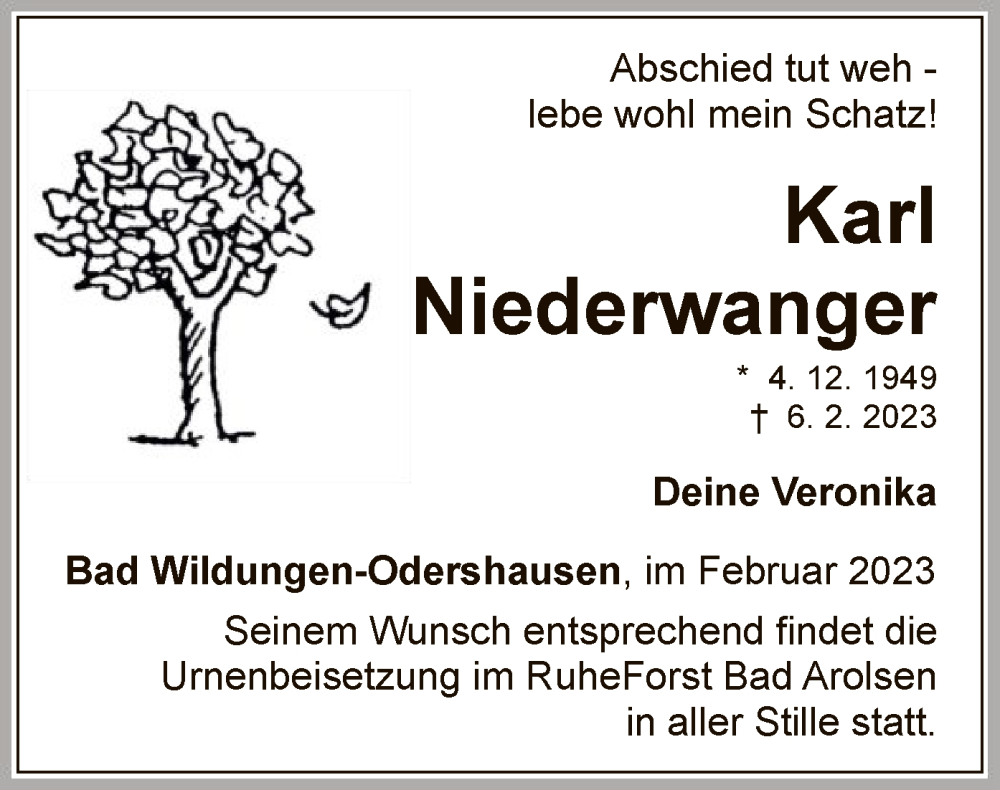  Traueranzeige für Karl Niederwanger vom 11.02.2023 aus WLZ