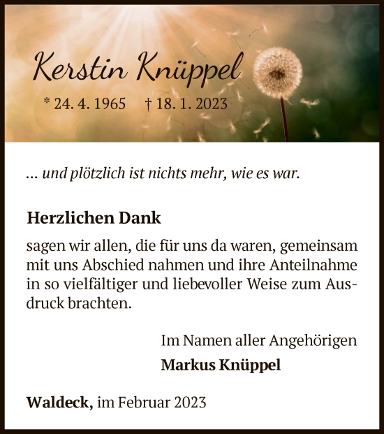 Traueranzeige von Kerstin Knüppel von WLZ