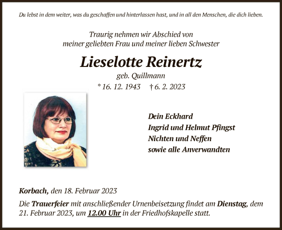 Traueranzeige von Lieselotte Reinertz von WLZ