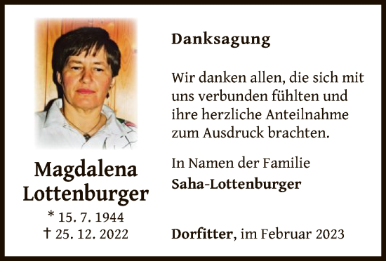 Traueranzeige von Magdalena Lottenburger von WLZ